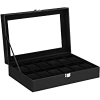 SONGMICS JWB12B-Caja (12 Compartimentos- Tapa de Cristal- Estuche para Relojes extraíble- Piel sintética)- Color Negro…